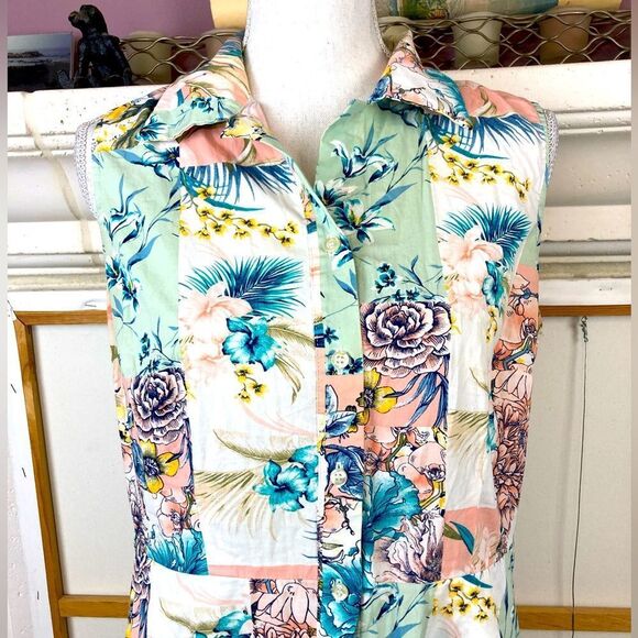 Vintage Floral Patchwork Print Fit & Flare button down shirt dress w/ pockets - Picture 6 of 12